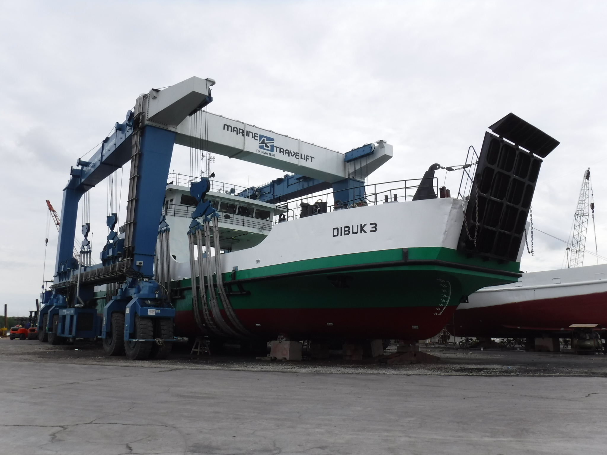 Vessel Dibuk 3 on a travel lift during haul-out