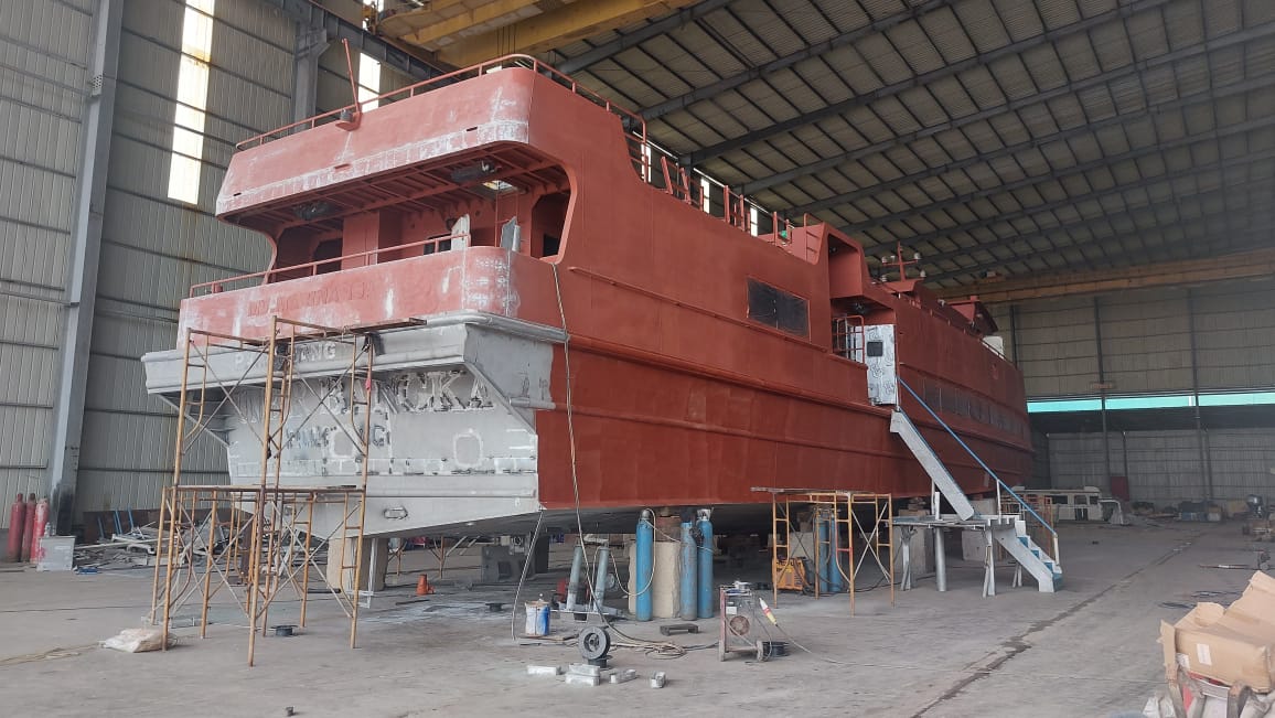 Ferry hull under construction in the shipyard