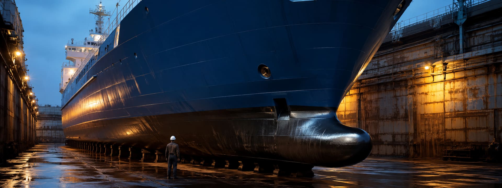 Commercial vessel hull under inspection in dry dock
