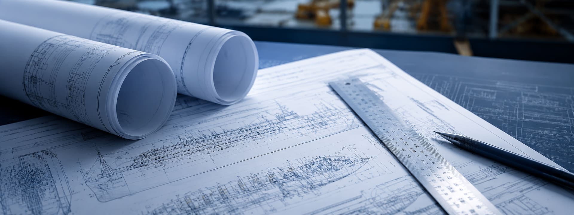 Marine engineering plans and precision drafting tools