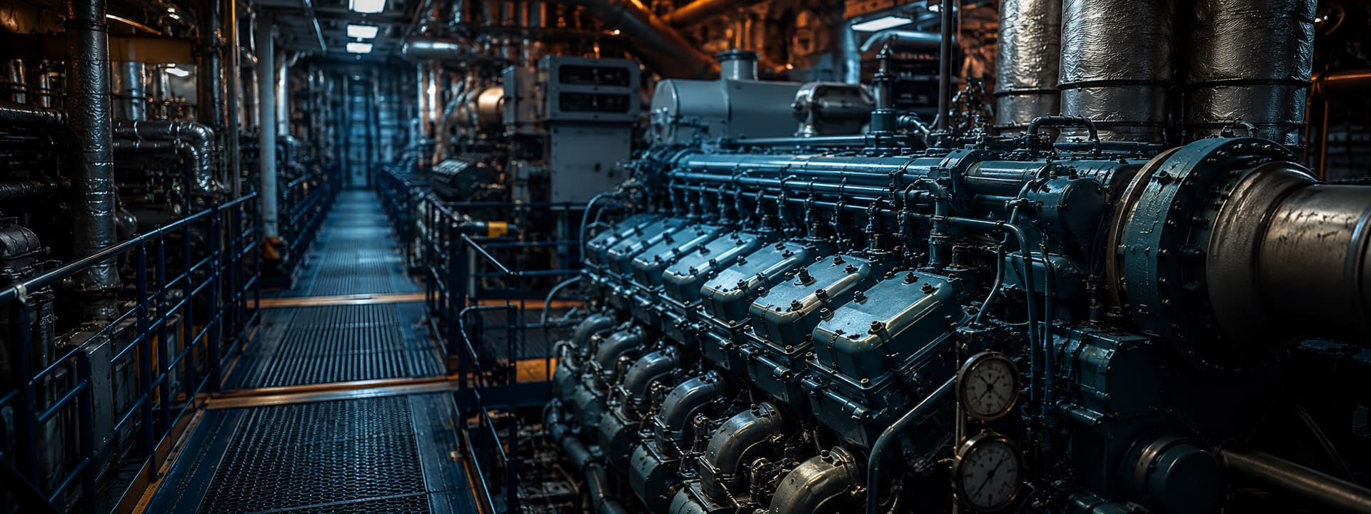 Marine machinery in a commercial vessel engine room