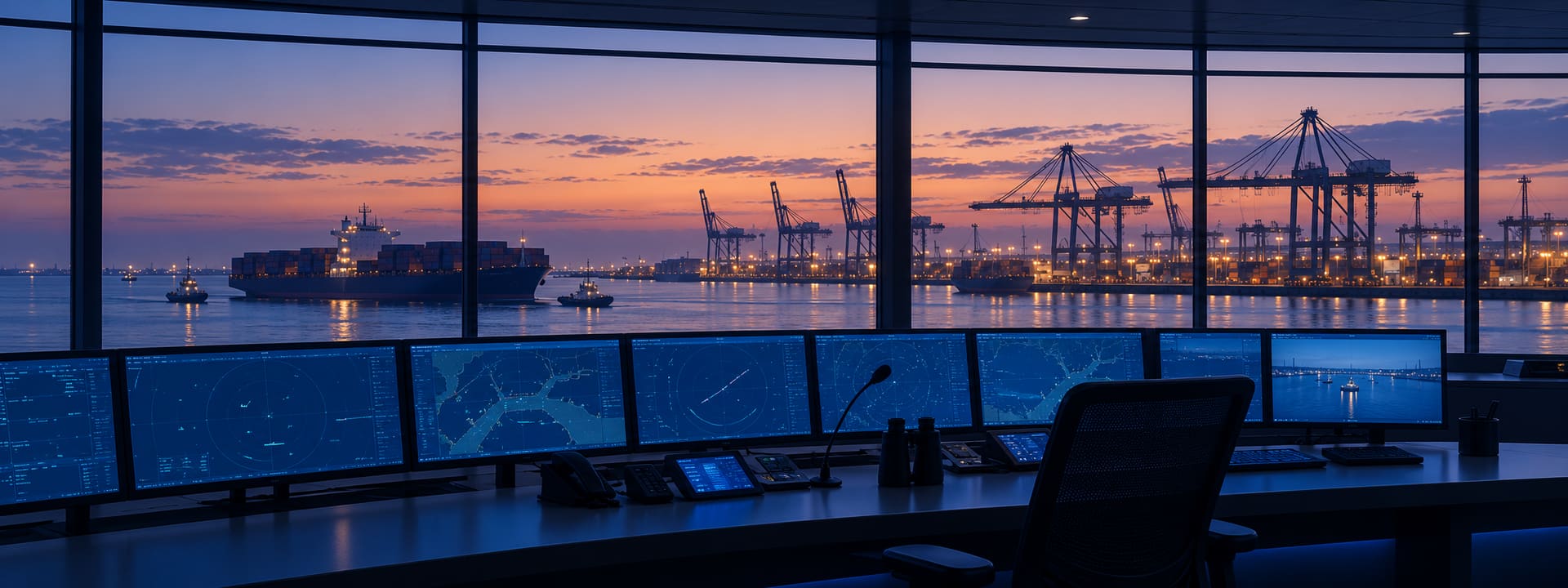 Vessel traffic control room overlooking a commercial port